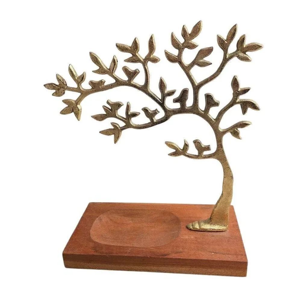 Jewelry Tree On Wood Dish Stand Gold Painted Metal 12H x 10L x 5D